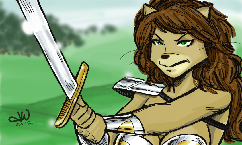 2012 anthro armor breasts domestic_cat felid feline felis female hi_res holding_object holding_sword holding_weapon mammal melee_weapon mitchatt solo sword unconvincing_armor warrior weapon