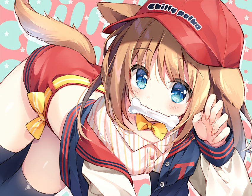 animal_ears bow doggirl hat original shorts suimya tail thighhighs waifu2x