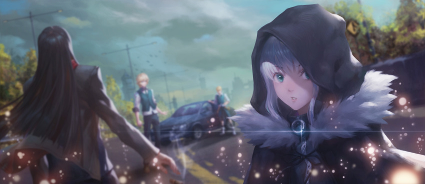 1girl 3boys aqua_eyes black_hair blurry car depth_of_field dutch_angle fate_(series) flat_eskardos from_behind fur_coat gray_(lord_el-melloi_ii) green_eyes ground_vehicle highres hood hood_up long_hair looking_at_viewer lord_el-melloi_ii lord_el-melloi_ii_case_files magic motor_vehicle multiple_boys sky svin_glascheit waver_velvet xuan-k