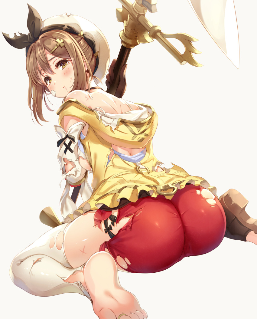 1girl :t ass atelier_(series) atelier_ryza barefoot blush brown_eyes brown_gloves brown_hair closed_mouth from_behind gloves grey_background hair_ornament hairclip hat highres holding holding_staff light_rays looking_at_viewer looking_back pout red_shorts reisalin_stout short_shorts shorts simple_background sitting solo staff tears tel-o thighhighs torn_clothes torn_legwear torn_shorts white_headwear white_legwear