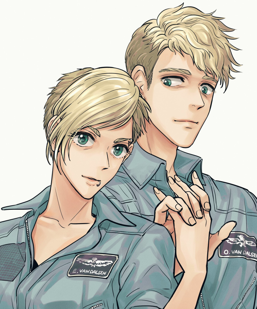 1boy 1girl ace_combat ace_combat_7 blonde_hair brother_and_sister collarbone elke_van_dalsen eyebrow_piercing green_eyes highres holding_hands looking_at_another looking_at_viewer mouth_piercing otto_van_dalsen parted_lips patch piercing pilot pilot_suit short_hair siblings takato15_c