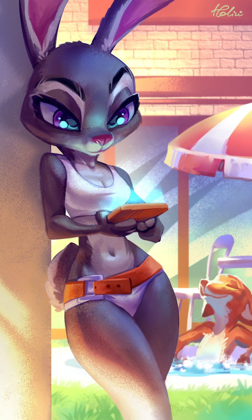 2019 absurd_res anthro belt bikini breasts canid canine chair cleavage clothed clothing digital_media_(artwork) disney duo eyes_closed female fox furniture hi_res holding_object holivi judy_hopps lagomorph leporid mammal midriff navel nick_wilde outside partially_submerged phone purple_eyes rabbit smile swimming_pool swimwear thin_waist tight_clothing wide_hips window zootopia