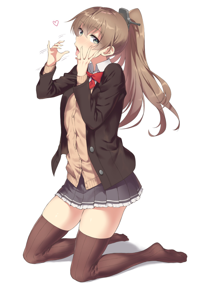 1girl absurdres black_skirt blouse blue_eyes blush brown_hair brown_jacket brown_legwear brown_sweater heart highres jacket kantai_collection kumano_(kantai_collection) long_hair long_sleeves mo3hig3 neck_ribbon open_mouth pleated_skirt ponytail red_ribbon remodel_(kantai_collection) ribbon school_uniform simple_background skirt solo sweater thighhighs tongue tongue_out white_background white_blouse