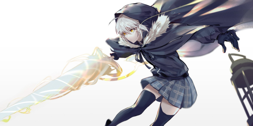 1girl ahoge black_legwear csyko fate_(series) gloves glowing glowing_eyes gray_(lord_el-melloi_ii) grey_hair highres holding_cage hood hood_up lance lord_el-melloi_ii_case_files plaid plaid_skirt polearm rhongomyniad skirt solo thighhighs weapon white_background yellow_eyes zettai_ryouiki