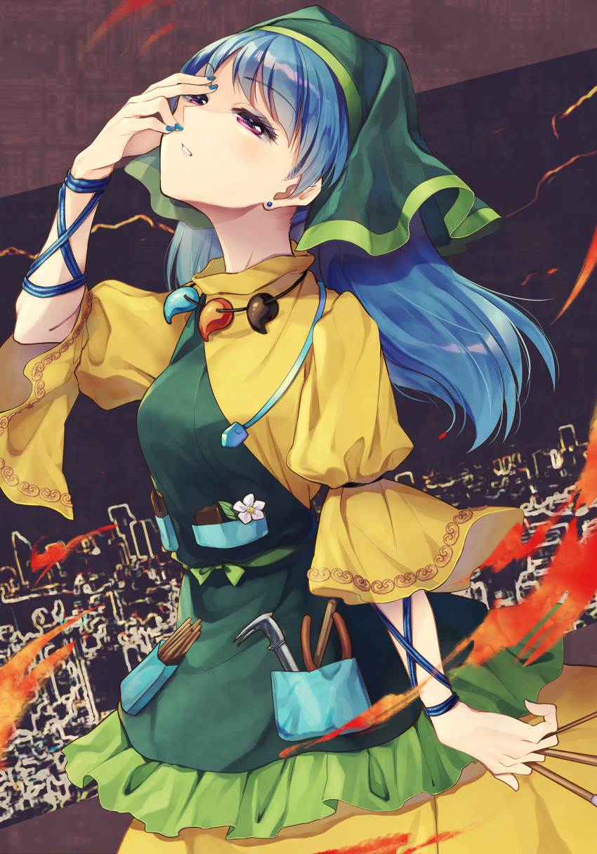 1girl absurdres apron arm_up bangs blue_hair blue_nails blush breasts commentary_request cowboy_shot dress earrings eyebrows_visible_through_hair eyeshadow green_apron hand_up haniyasushin_keiki head_scarf head_tilt highres holding jewelry kaede_(mmkeyy) long_hair looking_up magatama magatama_necklace makeup medium_breasts nail_polish necklace parted_lips pocket puffy_short_sleeves puffy_sleeves purple_eyes short_sleeves solo standing touhou yellow_dress