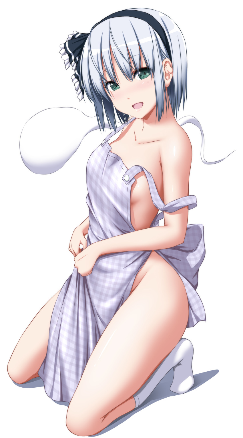 1girl :d absurdres apron bangs bare_arms bare_shoulders black_hairband black_ribbon blush breasts collarbone commentary_request eyebrows_visible_through_hair frilled_ribbon frills green_eyes grey_apron hair_between_eyes hair_ribbon hairband head_tilt highres hitodama kneehighs konpaku_youmu konpaku_youmu_(ghost) looking_at_viewer naked_apron no_shoes nori_tamago open_mouth plaid plaid_apron ribbon seiza shadow short_hair sidelocks silver_hair simple_background sitting small_breasts smile solo strap_slip thighs touhou white_background white_legwear