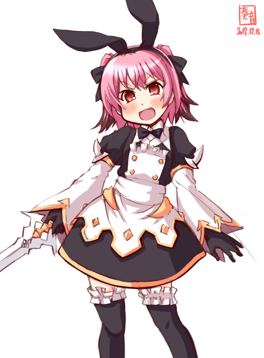 1girl animal_ears apron artist_logo astolfo_(fate) astolfo_(fate)_(cosplay) astolfo_(saber)_(fate) astolfo_(saber)_(fate)_(cosplay) bangs black_dress black_gloves black_legwear black_neckwear bunny_ears colored_tips commentary_request contrapposto cosplay dated dress fang fate/grand_order fate_(series) frilled_legwear gloves hair_between_eyes highres kanon_(kurogane_knights) kantai_collection kunashiri_(kantai_collection) look-alike messy_hair multicolored_hair open_mouth orange_eyes pink_hair simple_background skin_fang solo sword thighhighs two-tone_hair two_side_up weapon white_apron white_background