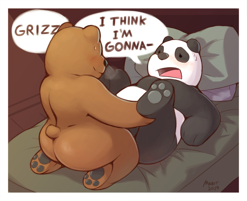 black_pawpads blush bodily_fluids brown_bear butt cartoon_network duo giant_panda grizzly_(wbb) grizzly_bear lying mabit male male/male mammal on_back panda_(wbb) pawpads sex soles sweat ursid ursine we_bare_bears