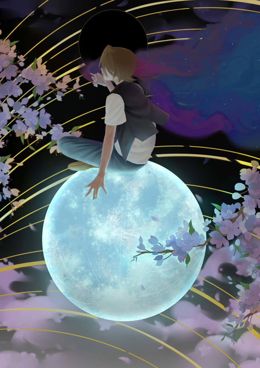 1boy absurdres back black_vest blonde_hair blue_pants cherry_blossoms cigarette flower full_body full_moon highres holding holding_cigarette male_focus moon night night_sky pants pink_flower shimogamo_yasaburou shirt short_hair short_sleeves sitting sitting_on_moon sky smoke smoking solo sougentatata star uchouten_kazoku vest white_shirt