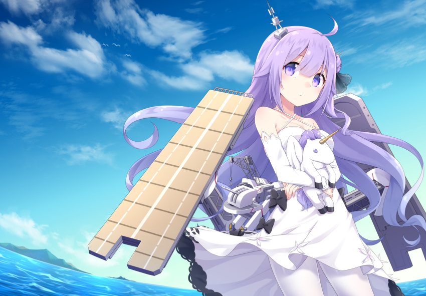 1girl azur_lane black_bow black_ribbon bow criss-cross_halter doll_hug dress hair_bun halterneck long_hair nogisaka_kushio object_hug one_side_up petite purple_eyes purple_hair ribbon rigging side_bun solo stuffed_alicorn stuffed_animal stuffed_toy stuffed_unicorn unicorn unicorn_(azur_lane) white_dress