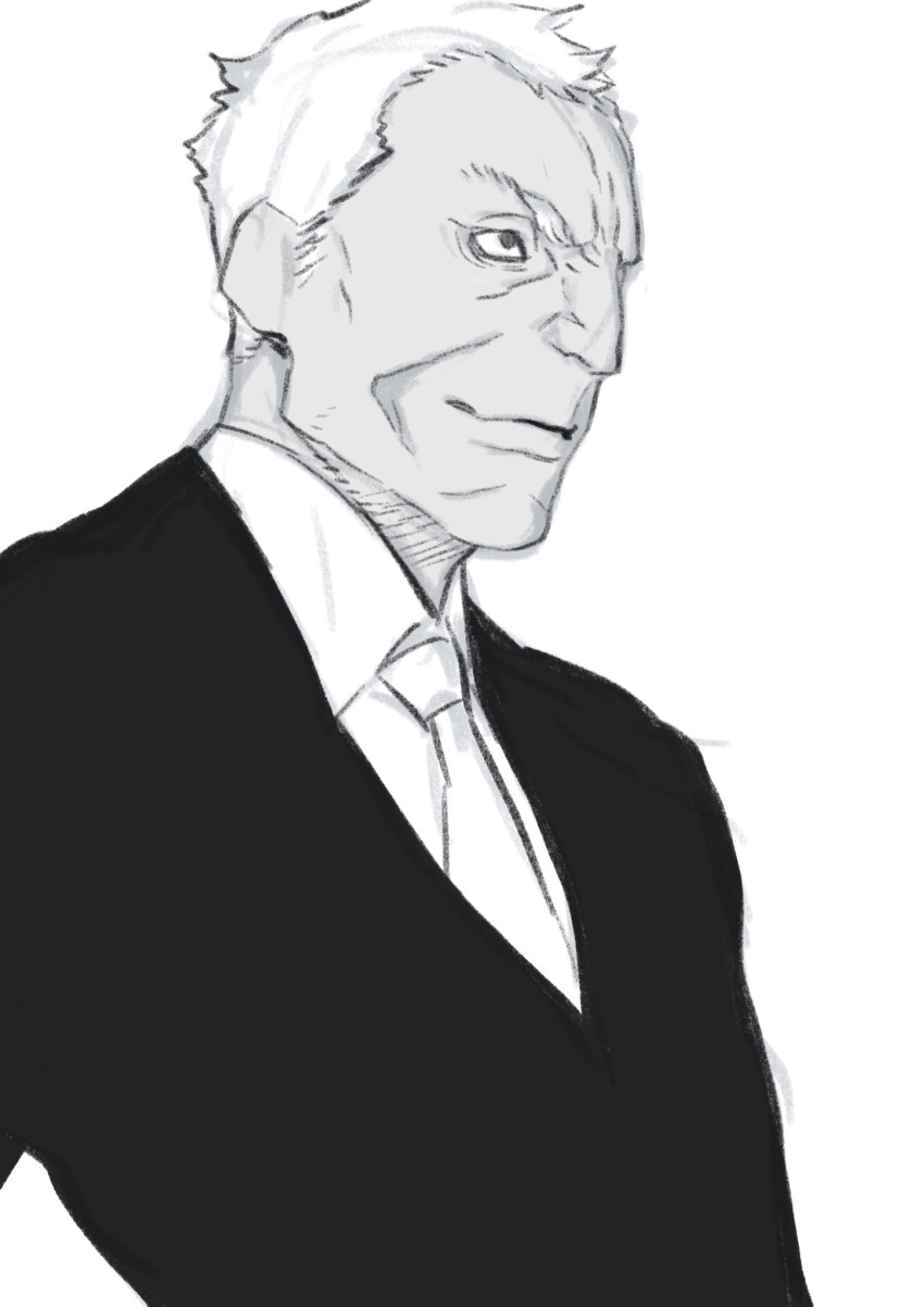 1boy formal highres male_focus miwa_shirou monochrome necktie old_man psycho-pass smile solo suit todoroki_tenma white_hair