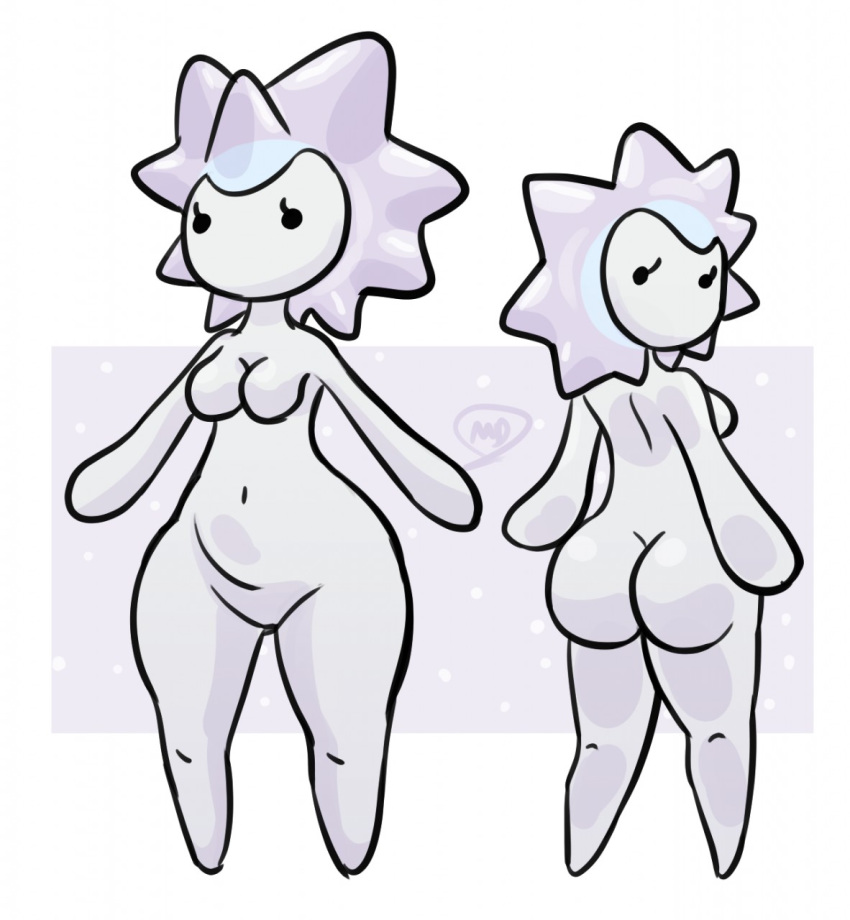 2019 anthro anthrofied arthropod big_butt black_eyes breasts butt digital_media_(artwork) dot_eyes eyelashes female ice ice_hair insect larva lepidopteran mdjoe mouthless nintendo not_furry nude pok&eacute;mon pok&eacute;mon_(species) short_stack simple_background snom solo thick_thighs video_games white_body wide_hips