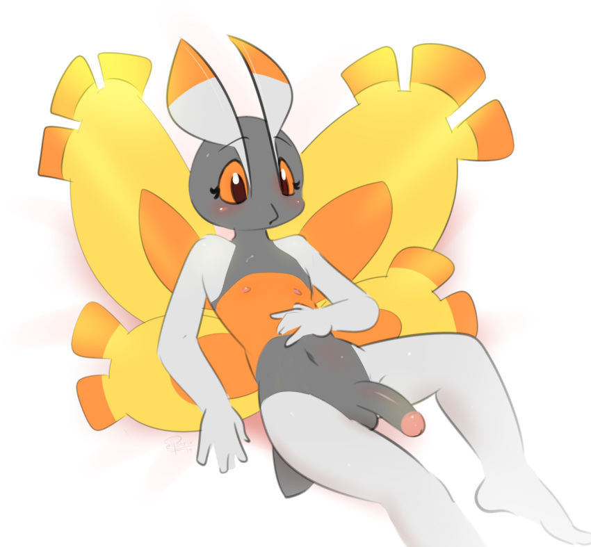 2019 antennae_(anatomy) anthro arthropod balls black_penis blush brown_eyes digital_media_(artwork) elpatrixf girly glans grey_body hi_res humanoid_penis insect insect_wings lepidopteran male mothim navel nintendo nipples nude orange_body orange_sclera orange_wings penis pok&eacute;mon pok&eacute;mon_(species) simple_background sitting solo video_games white_background wings yellow_wings