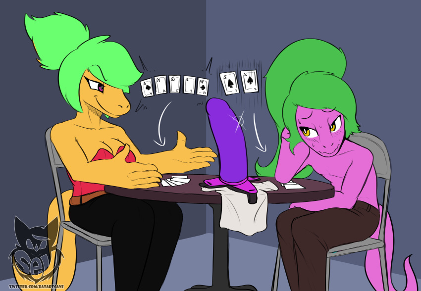 5_fingers absurd_res anthro batartcave black_bottomwear black_clothing black_pants bottomwear breasts brown_bottomwear brown_clothing brown_pants chair clothed clothing collarbone duo female fingers furniture green_hair hair hi_res pants scalie sex_toy sitting smile table topless