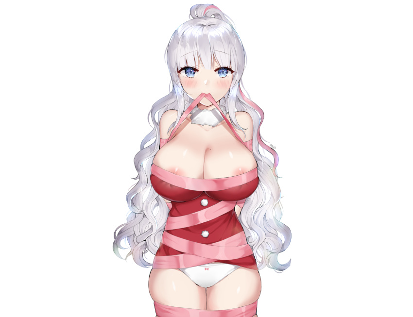 blue_eyes blush bondage gray_hair long_hair no_bra panties photoshop ribbons tagme_(artist) tagme_(character) underwear white