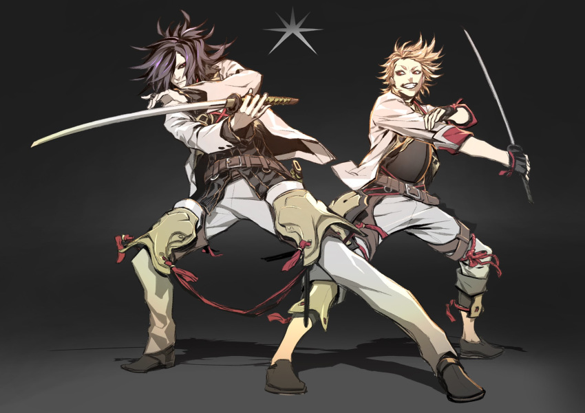 2boys black_hair blonde_hair fighting_stance hair_over_one_eye highres jacket katana knee_pads male_focus miwa_shirou multiple_boys oodenta_mitsuyo orange_hair pants ponytail sohaya-no-tsurugi sword touken_ranbu weapon white_jacket