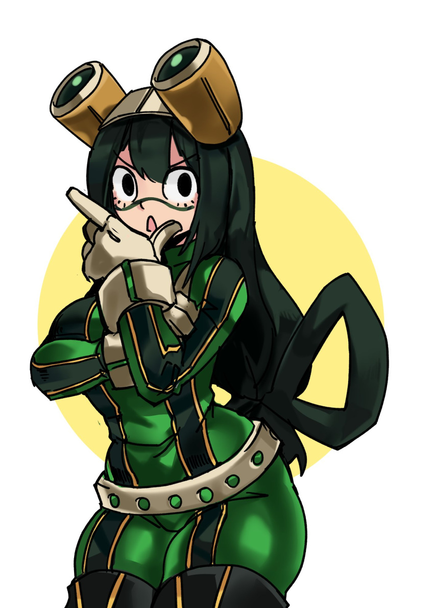 1girl asui_tsuyu belt black_eyes bodysuit boku_no_hero_academia boots bow_by_hair breasts brown_gloves chin_stroking facepaint frog_girl gloves goggles goggles_on_head green_bodysuit green_hair hair_rings highres large_breasts long_hair low-tied_long_hair solo thick_thighs thigh_boots thighhighs thighs very_long_hair zana