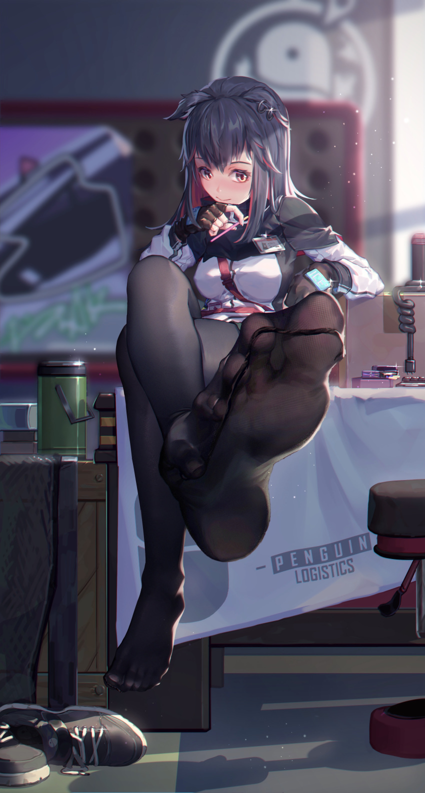 1girl absurdres animal_ears arknights bangs black_gloves black_hair black_legwear blurry blurry_background breasts closed_mouth coat commentary_request ear_piercing feet fingerless_gloves footwear_removed gloves highres ice_(dzs1392584271) indoors legs long_hair long_sleeves multicolored_hair no_shoes pantyhose piercing pov_feet red_hair sitting soles solo texas_(arknights) two-tone_hair