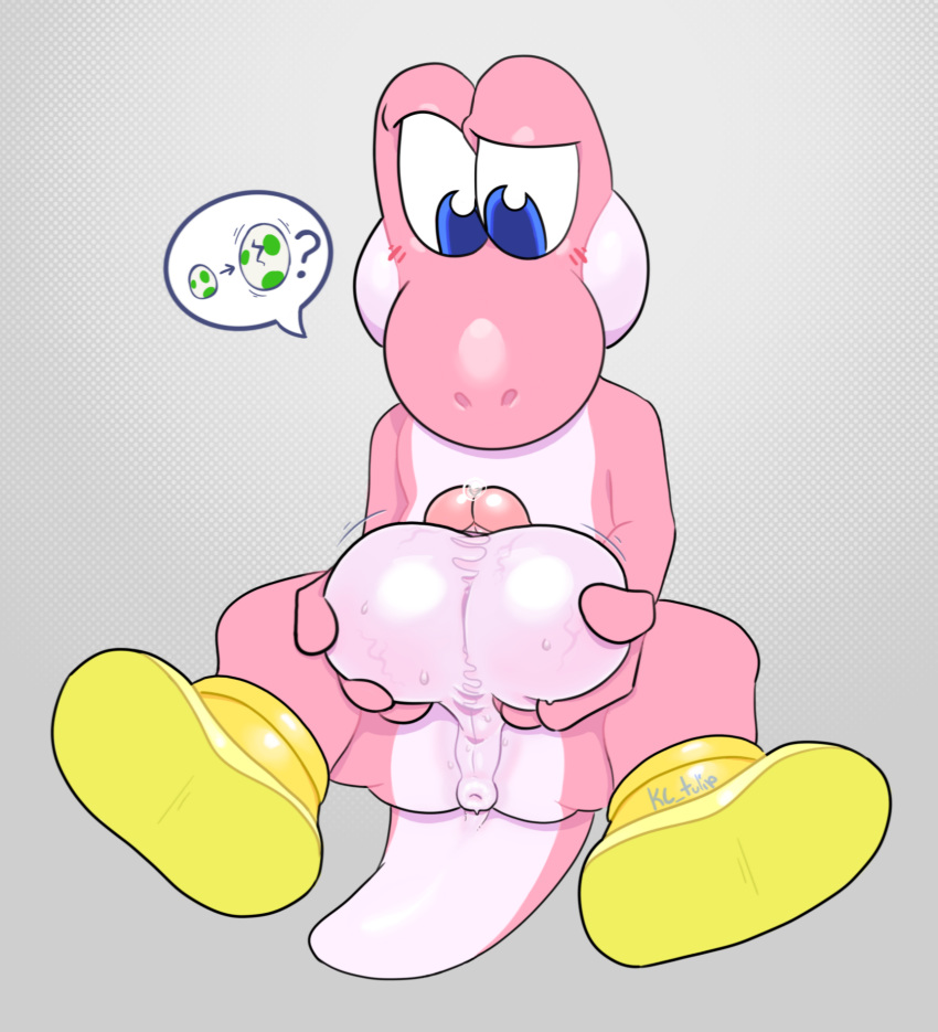 2019 absurd_res ball_growth balls balls_expansion big_balls digital_media_(artwork) growth hi_res huge_balls humanoid_penis kc_tulip male mario_bros multicolored_body nintendo penis pink_body pink_skin pink_yoshi reptile scalie simple_background solo speech_bubble two_tone_body video_games yoshi