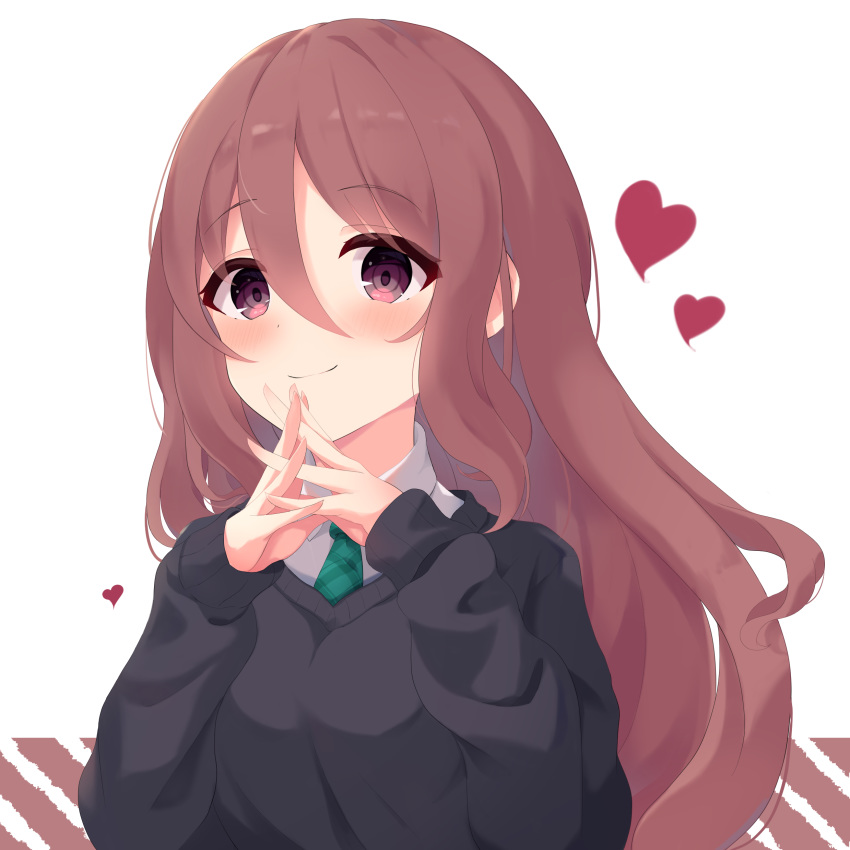 1girl absurdres bangs black_sweater blush brown_hair closed_mouth collared_shirt commentary_request diagonal_stripes eyebrows_visible_through_hair green_neckwear hair_between_eyes hands_up heart highres hoshino_shizuru interlocked_fingers long_hair long_sleeves looking_at_viewer mizu_(lzzrwi603) necktie plaid_neckwear princess_connect! princess_connect!_re:dive puffy_long_sleeves puffy_sleeves red_eyes shirt sleeves_past_wrists smile solo striped sweater white_background white_shirt