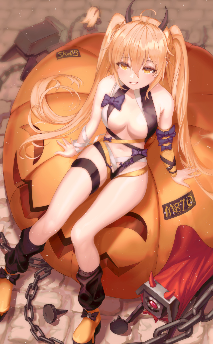 1girl absurdres bandages bangs blonde_hair blush boots breasts chain dinergate_(girls_frontline) eyebrows_visible_through_hair girls_frontline grin hair_between_eyes halloween halloween_costume highres horns jack-o'-lantern leg_warmers long_hair looking_at_viewer m4_sopmod_ii_jr m870_(girls_frontline) mechanical_tail navel orange_eyes orange_footwear pumpkin sidelocks sitting skell.b smile solo tail thighs twintails