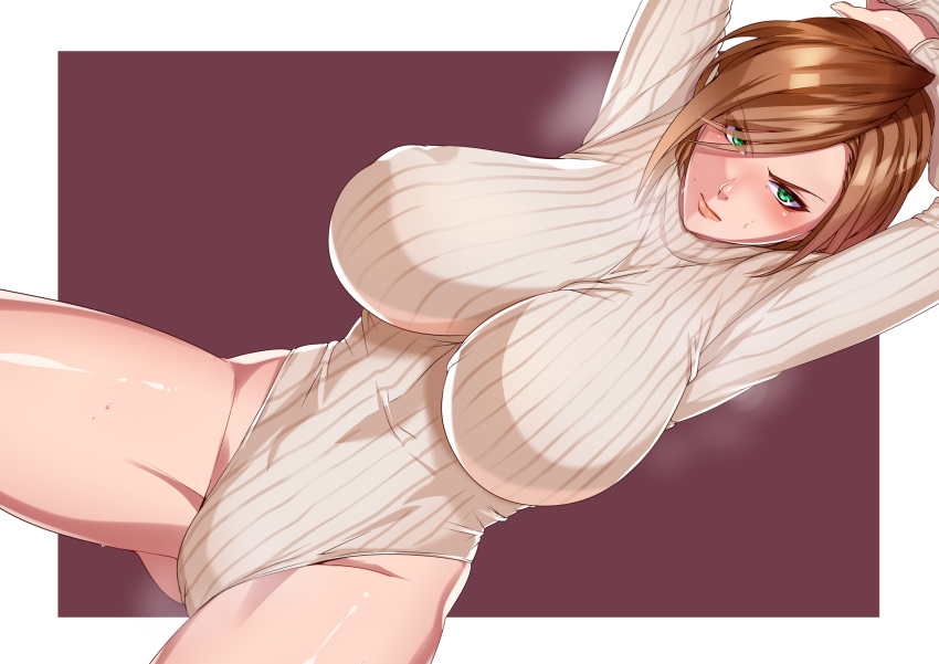 1girl apollonia_vaar arms_behind_head arms_up ass_visible_through_thighs blush breasts brown_hair closed_mouth dutch_angle granblue_fantasy green_eyes harunori_oogami highleg highleg_leotard highres huge_breasts leotard looking_at_viewer medium_hair nose_blush outside_border ribbed_sweater serious spread_legs steam sweat sweatdrop sweater thighs turtleneck_leotard white_sweater