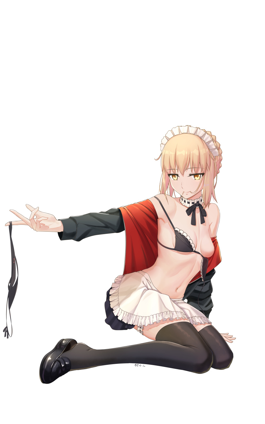 1girl absurdres apron arm_support artoria_pendragon_(all) artoria_pendragon_(swimsuit_rider_alter) bangs bikini bikini_skirt black_bikini black_bow black_footwear black_jacket black_legwear black_skirt black_swimsuit blonde_hair bow bowtie braid breasts crown_braid er_ci_gudu eyebrows_visible_through_hair fate/grand_order fate_(series) frilled_bikini frills full_body hair_in_mouth highres holding_bikini_bottom jacket loafers looking_at_viewer maid_bikini maid_headdress medium_breasts miniskirt navel no_nipples off_shoulder open_clothes open_jacket red_jacket shoes short_hair simple_background sitting skirt solo stomach swimsuit thighhighs untied untied_bikini waist_apron white_apron white_background yellow_eyes