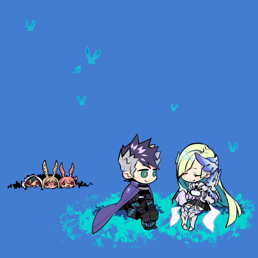 2boys 4girls aqua_eyes black_hair blue_background brynhildr_(fate) cape chibi fate/grand_order fate/prototype fate/prototype:_fragments_of_blue_and_silver fate_(series) glasses green_hair head_wings highres hildr_(fate/grand_order) hood miwa_shirou multicolored_hair multiple_boys multiple_girls ortlinde_(fate/grand_order) sigurd_(fate/grand_order) thrud_(fate/grand_order) two-tone_hair valkyrie_(fate/grand_order) white_hair wiping_glasses