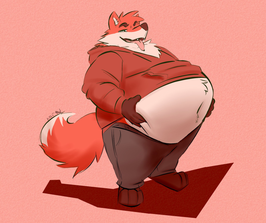 anthro belly belly_grab big_belly canid canine clothed clothing fattydragonite fox fur hand_on_stomach hoodie male mammal navel obese obese_male open_mouth open_smile orange_body orange_fur overweight overweight_male smile solo standing tongue tongue_out topwear white_body white_fur
