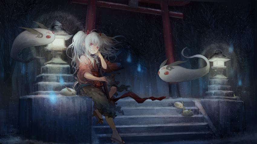 1girl ahoge bangs bare_tree blue_fire chain commentary_request demon_girl duel_monster fire full_body geta ghost_ogre_&amp;_snow_rabbit hitodama holding holding_sword holding_weapon horns japanese_clothes katana kimono lantern light night night_sky no.18 obi ofuda outdoors pointy_ears red_eyes sash sickle silver_hair sitting sky snow snow_bunny snowing solo_focus spirit stairs star_(sky) starry_sky sword torii tree twintails weapon yuu-gi-ou