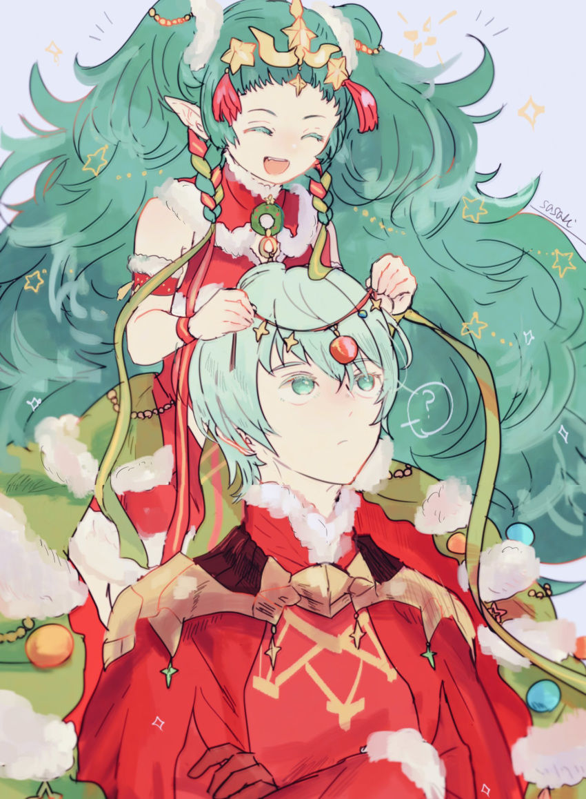 1boy 1girl armor artist_name braid byleth_(fire_emblem) byleth_(fire_emblem)_(male) christmas_ornaments closed_eyes closed_mouth crossed_arms fire_emblem fire_emblem:_three_houses fire_emblem_heroes fur_trim green_eyes green_hair highres long_hair open_mouth pointy_ears sasaki_(dkenpisss) short_hair simple_background sothis_(fire_emblem) tiara twin_braids