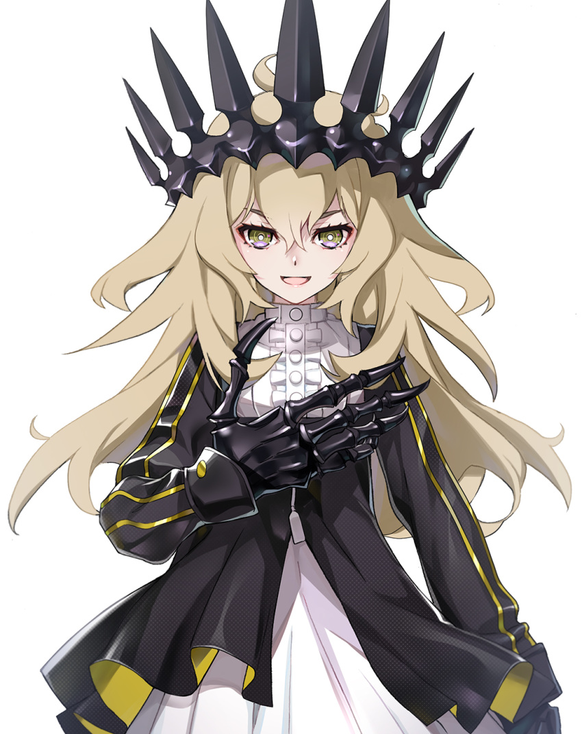 1girl :d black_dress black_rock_shooter blonde_hair chariot_(black_rock_shooter) crown dress hand_on_own_chest highres long_hair looking_at_viewer mechanical_hands messy_hair nyoro_(nyoronyoro000) open_mouth partially_unzipped simple_background smile solo white_background white_dress yellow_eyes