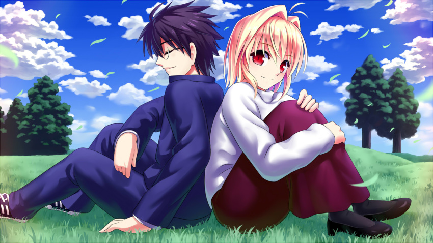 1boy 1girl ahoge arcueid_brunestud black_hair black_legwear blonde_hair breasts cloud cloudy_sky commentary couple egnis glasses grass hair_intakes highres leaf long_skirt long_sleeves pantyhose purple_skirt red_eyes school_uniform short_hair skirt sky smile sweater toono_shiki tree tsukihime tukihimegoto turtleneck