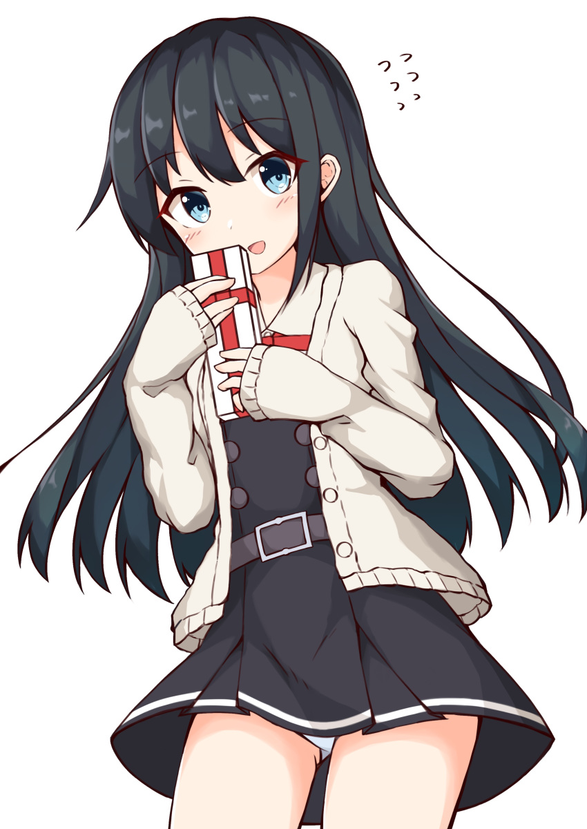 1girl :d absurdres asashio_(kantai_collection) bangs belt belt_buckle black_dress black_hair blue_eyes blush box brown_belt brown_jacket buckle collared_shirt commentary_request dress eyebrows_visible_through_hair flying_sweatdrops gift gift_box hair_between_eyes highres holding holding_gift ichi jacket kantai_collection long_hair long_sleeves open_clothes open_jacket open_mouth panties pinafore_dress pleated_dress remodel_(kantai_collection) school_uniform shirt simple_background sleeves_past_wrists smile solo underwear very_long_hair white_background white_panties white_shirt