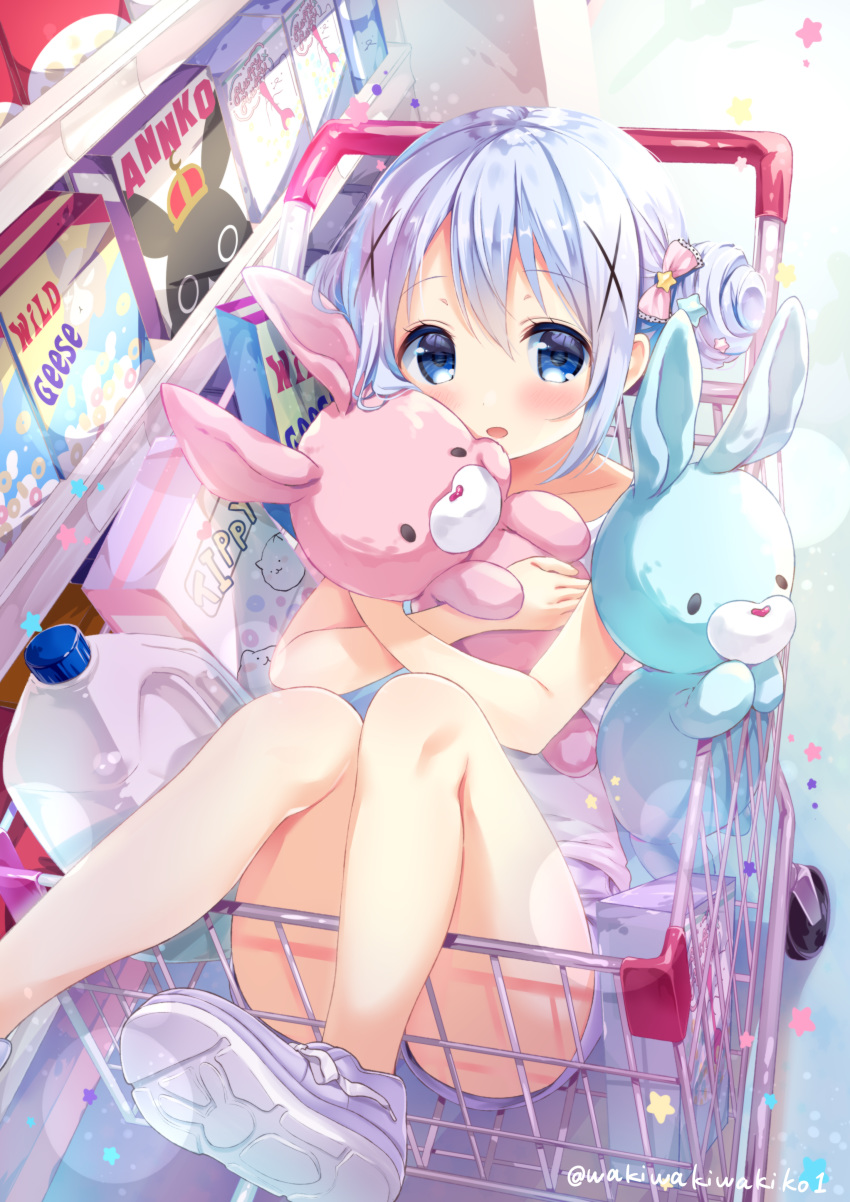 1girl :d absurdres anko_(gochiusa) bangs blue_eyes blue_hair blush bow character_name commentary_request double_bun eyebrows_visible_through_hair gochuumon_wa_usagi_desu_ka? hair_between_eyes hair_bow hair_ornament highres kafuu_chino knees_up looking_at_viewer neki_(wakiko) object_hug open_mouth pink_bow purple_footwear purple_shirt purple_shorts shirt shoe_soles shoes short_shorts shorts sidelocks smile solo star star_hair_ornament stuffed_animal stuffed_bunny stuffed_toy tippy_(gochiusa) twitter_username wild_geese x_hair_ornament