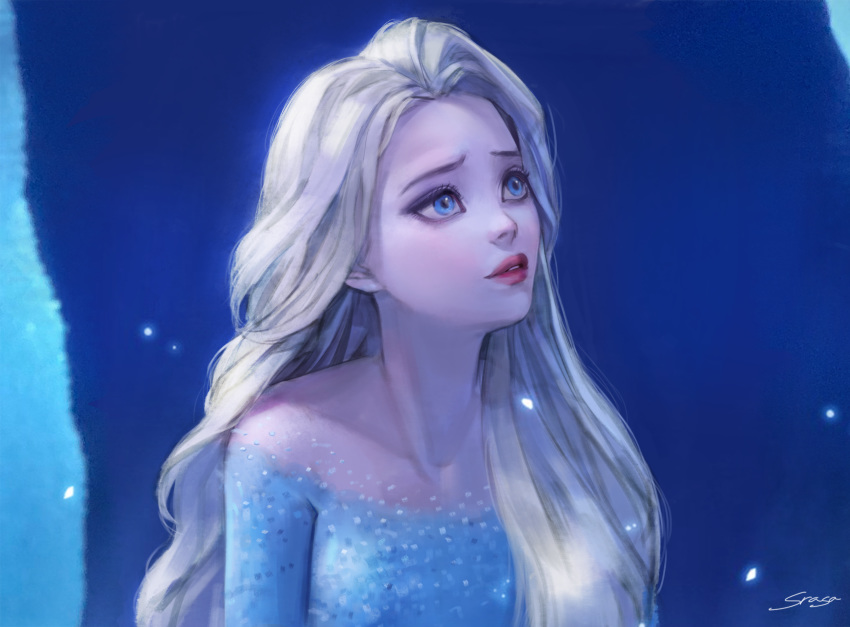 1girl bare_shoulders blonde_hair blue_background blue_eyes blue_theme collarbone elsa_(frozen) frozen_(disney) frozen_ii_(disney) glowing highres long_hair looking_away looking_to_the_side parted_lips red_lips signature silver_hair solo srasa upper_body