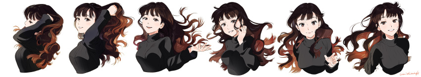 1girl arm_up bangs black_sweater blush breasts brown_eyes brown_hair commentary cropped_arms cropped_torso hair_flip hair_tucking hand_in_hair highres long_hair long_image long_sleeves looking_at_viewer looking_away looking_to_the_side multiple_views open_hand original profile reaching sequential simple_background smile sweater turtleneck turtleneck_sweater umishima_senbon wavy_hair white_background wide_image
