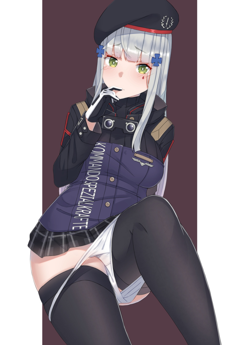 1girl beret black_legwear black_skirt blush facepaint finger_to_mouth girls_frontline gloves green_eyes hair_ornament hairclip hat highres hk416_(girls_frontline) iron_cross knee_up kusubii long_hair looking_at_viewer military_jacket miniskirt panties panty_pull plaid plaid_skirt silver_hair skirt solo teardrop thighhighs underwear very_long_hair white_panties