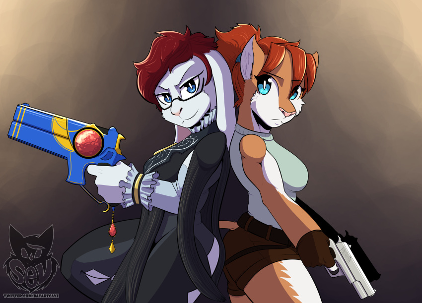 absurd_res anthro back_to_back batartcave bayonetta blue_eyes bottomwear breasts brown_bottomwear brown_clothing clothed clothing duo eyewear female fully_clothed glasses hair hi_res holding_gun holding_object holding_weapon lagomorph leporid looking_at_viewer mammal orange_hair rabbit red_hair side_view smile tomb_raider video_games weapon