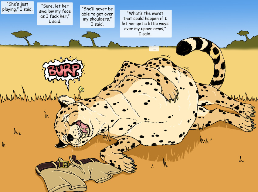 belt burping cheetah claws clothing dialogue discarded_clothing fangs felid feline female female_pred feral flower fur grass hi_res holding_belly mammal pawpads plant savanna spots spotted_body spotted_fur strega tongue tree vore yellow_body yellow_fur