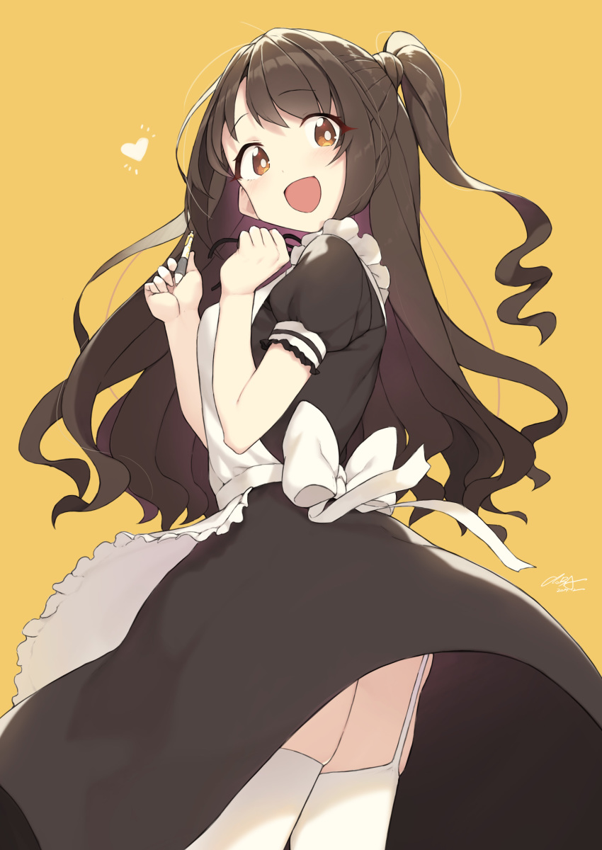 1girl :d absurdres alternate_costume apron black_dress brown_eyes brown_hair cloba dress enmaided eyebrows_visible_through_hair from_below highres idolmaster idolmaster_cinderella_girls long_hair looking_at_viewer maid maid_apron one_side_up open_mouth shimamura_uzuki simple_background smile solo thigh_strap thighhighs white_legwear yellow_background