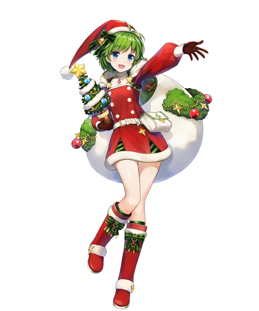 1girl :d amagai_tarou bangs blue_eyes boots christmas christmas_tree fire_emblem fire_emblem:_the_blazing_blade fire_emblem_heroes fur_trim gloves green_hair hat highres knee_boots long_sleeves nino_(fire_emblem) official_art open_mouth pom_pom_(clothes) red_footwear sack santa_costume santa_hat shiny shiny_hair short_hair skirt smile solo