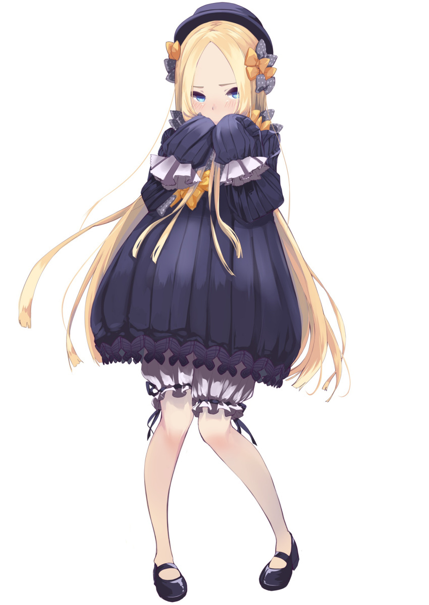 1girl abigail_williams_(fate/grand_order) bangs black_bow black_dress black_footwear black_headwear blonde_hair blue_eyes blush bow dress fate/grand_order fate_(series) forehead full_body hair_bow highres legs long_hair looking_at_viewer multiple_bows orange_bow parted_bangs polka_dot polka_dot_bow ribbed_dress shochiku simple_background sleeves_past_fingers sleeves_past_wrists solo white_background white_bloomers