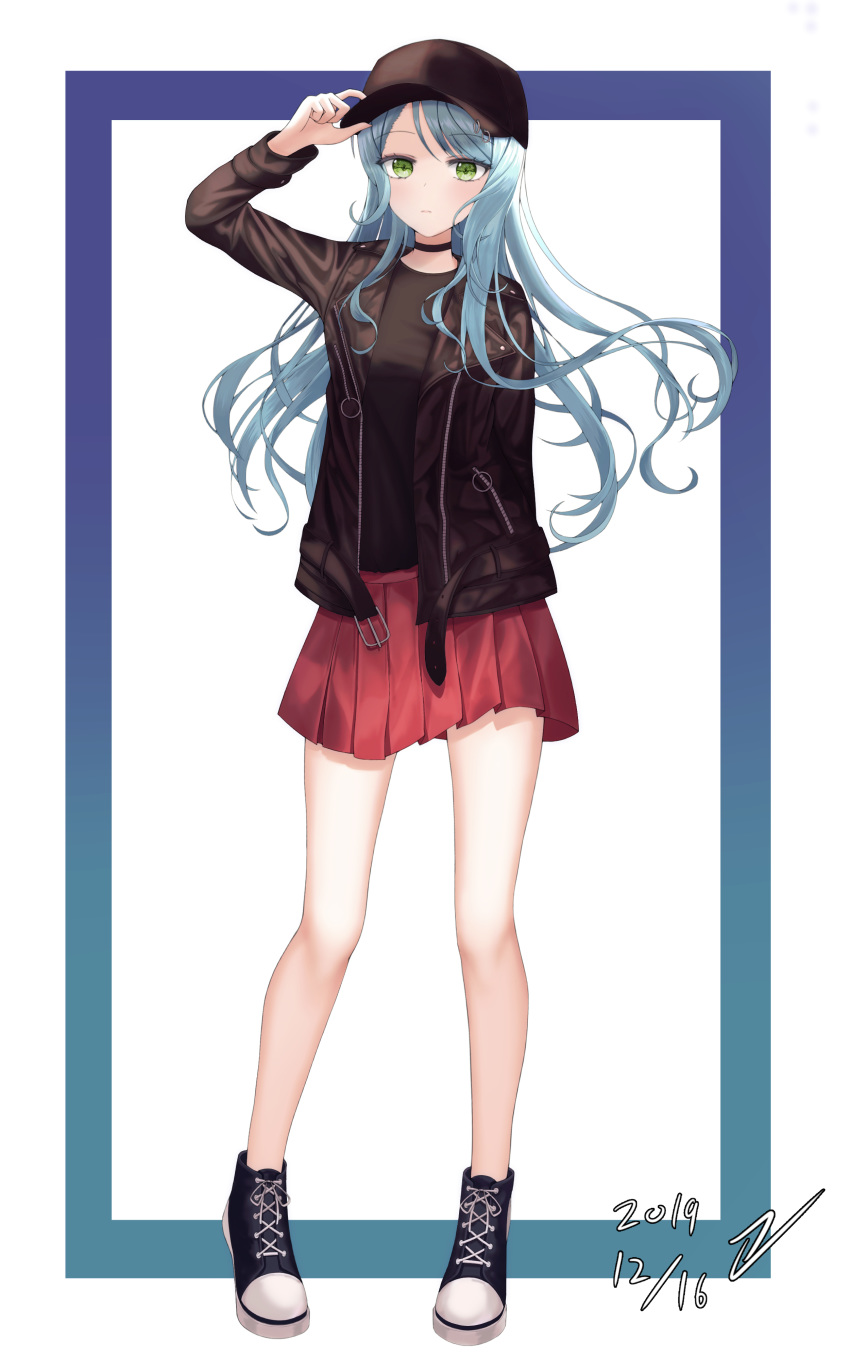 1girl absurdres adjusting_clothes adjusting_hat aqua_hair arm_behind_back bang_dream! baseball_cap belt black_choker black_footwear black_headwear black_jacket black_shirt blue_border border choker dated dong_hawn full_body green_eyes hat high_tops highres hikawa_sayo jacket leather leather_jacket light_frown long_hair long_sleeves looking_at_viewer miniskirt pleated_skirt red_skirt shirt shoes skirt solo standing white_background
