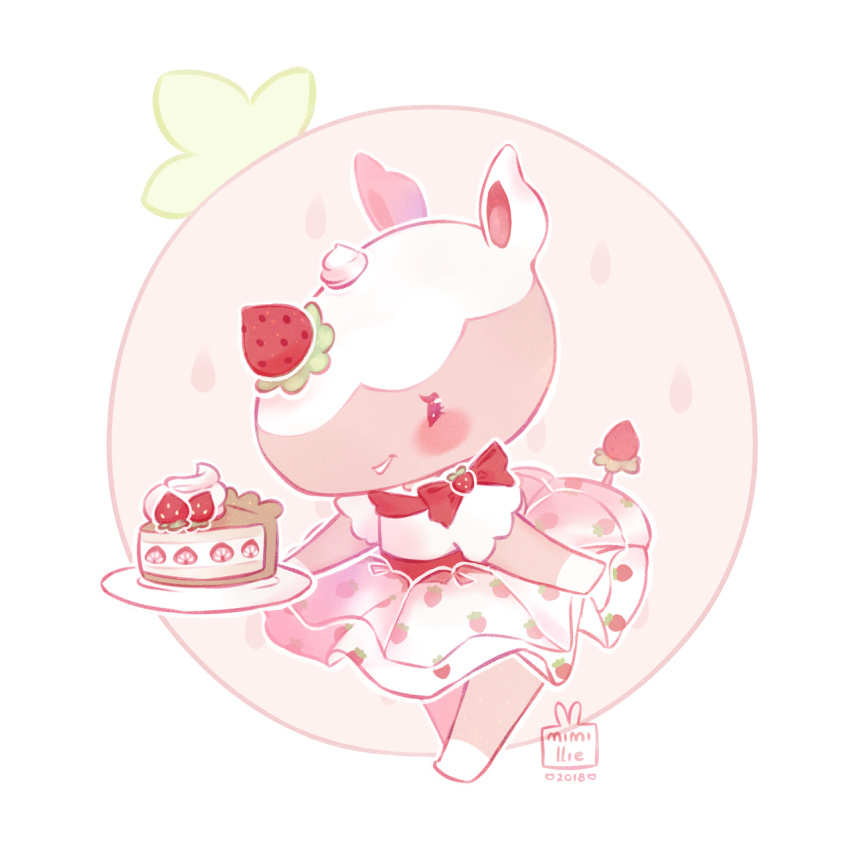 2018 animal_crossing anthro blush bow cake clothing dress female food food_creature fruit holding_(disambiguation) mammal merengue_(animal_crossing) mimillie nintendo plant plate rhinocerotoid simple_background smile solo strawberry video_games whipped_cream white_background white_clothing white_dress