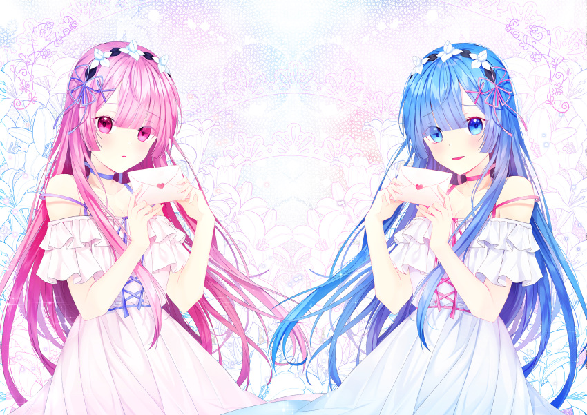 2girls alternate_hair_length alternate_hairstyle bangs bare_shoulders blue_eyes blue_hair blue_ribbon breasts choker cleavage dress envelope eyebrows_visible_through_hair floral_background hair_ornament hair_ribbon hairclip heart highres holding holding_envelope long_hair medium_breasts miyo_(user_zdsp7735) multiple_girls off-shoulder_dress off_shoulder parted_lips pink_choker pink_hair pink_ribbon pleated_dress purple_choker purple_eyes ram_(re:zero) re:zero_kara_hajimeru_isekai_seikatsu rem_(re:zero) revision ribbon ribbon_choker siblings sisters smile twins very_long_hair white_dress x_hair_ornament