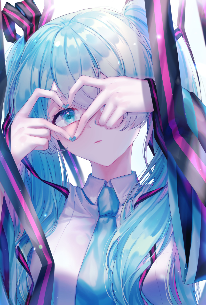 1girl aqua_eyes aqua_nails aqua_neckwear bangs blurry breasts depth_of_field eyelashes hair_ornament hair_ribbon hatsune_miku heart heart_hands highres light_smile long_hair looking_at_viewer nacho nail_polish necktie one_eye_covered parted_lips ribbon solo twintails upper_body very_long_hair vocaloid white_background