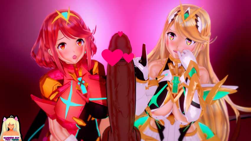 1boy 2girls bangs bare_shoulders black_man blonde_hair blush breasts censored drooling finger_to_mouth fingerless_gloves gem gloves headpiece heart heart-shaped_pupils heart_censor highres hikari_(xenoblade_2) homura_(xenoblade_2) index_finger_raised jewelry large_breasts large_penis long_hair multiple_girls numbersguy open open_eyes open_mouth penis penis_awe pink_background red_eyes red_hair saliva short_hair shoulder_armor simple_background swept_bangs symbol-shaped_pupils teeth tiara xenoblade_(series) xenoblade_2 yellow_eyes
