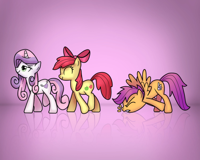 apple_bloom_(mlp) cutie_mark cutie_mark_crusaders_(mlp) earth_pony equid equine friendship_is_magic galaxyart green_eyes group hair horn horse invalid_tag mammal my_little_pony pink_background pony pterippus purple_hair red_hair reflection scootaloo_(mlp) simple_background smile sweetie_belle_(mlp) tripping unicorn wings