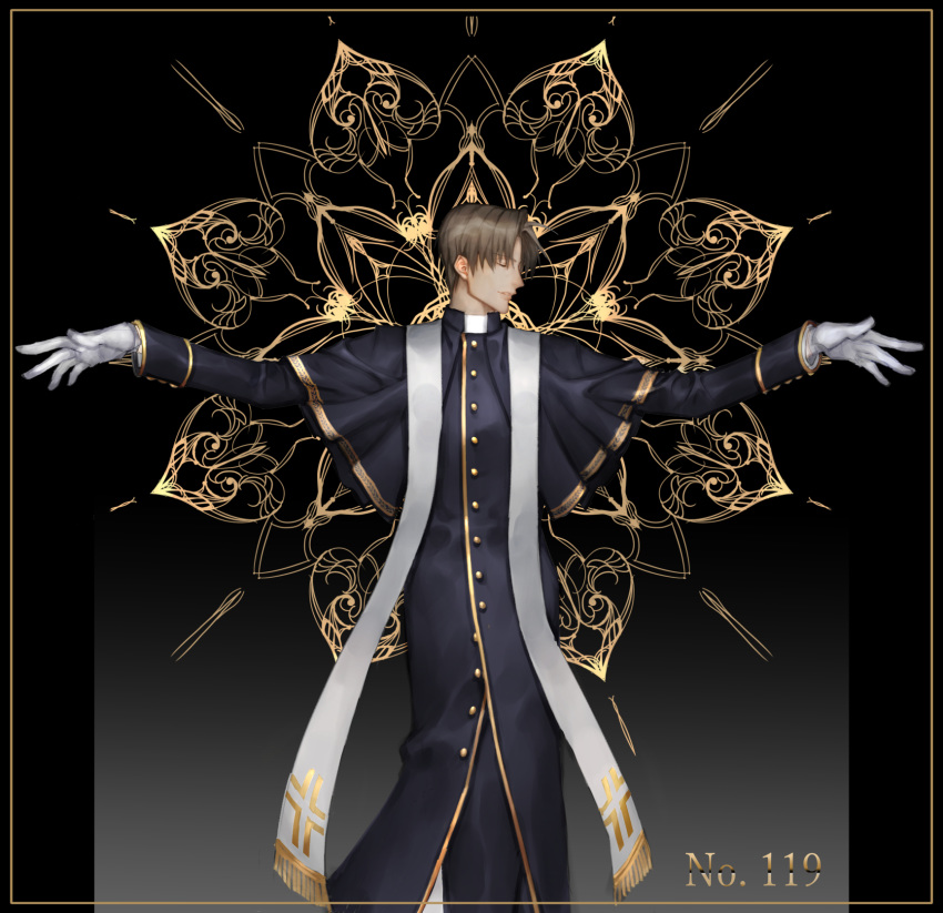 1boy bangs black_background brown_hair buttons cassock closed_eyes closed_mouth collar full_body gloves gradient gradient_background grey_background heshikiri_hasebe highres lace_background long_sleeves male_focus outstretched_arms priest sidelocks simple_background solo standing touken_ranbu user_tejj5554 white_gloves